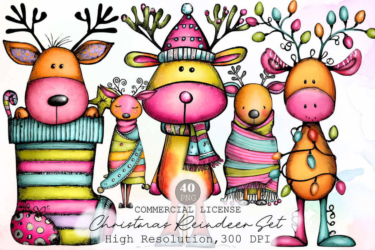 Whimsical Christmas Reindeer Clipart, an Illustration by Sublimation Artist (Photo 1 of 6)