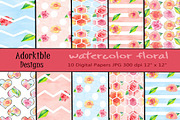 Watercolor Floral Digital Papers, a Pattern Graphic by adorkible (Thumbnail 1 of 3)