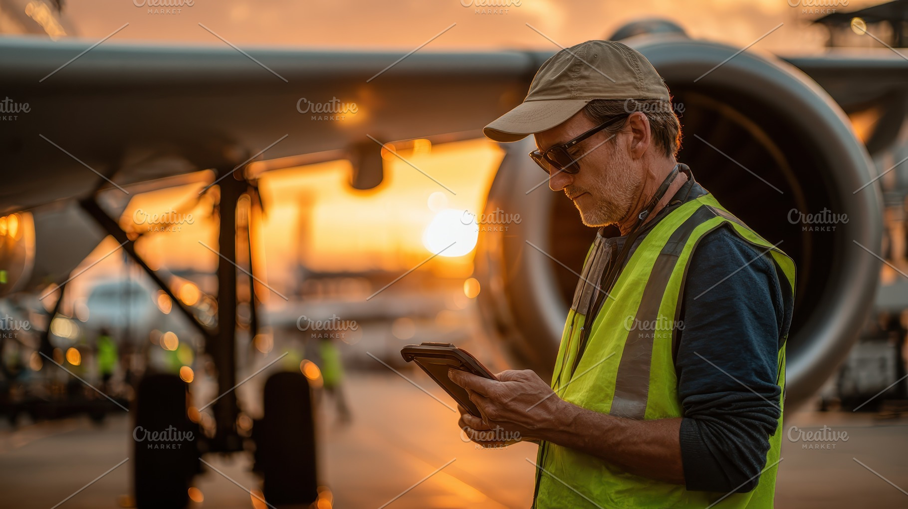 Airport worker using tablet at sunse, a Photo by Pixeness Studio