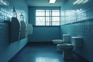 Clean restroom with blue tiles and n, a Photo by Tanuart