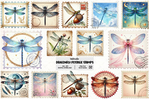 Dragonfly Postage Stamps Clipart, an Illustration by Pixels.Craft