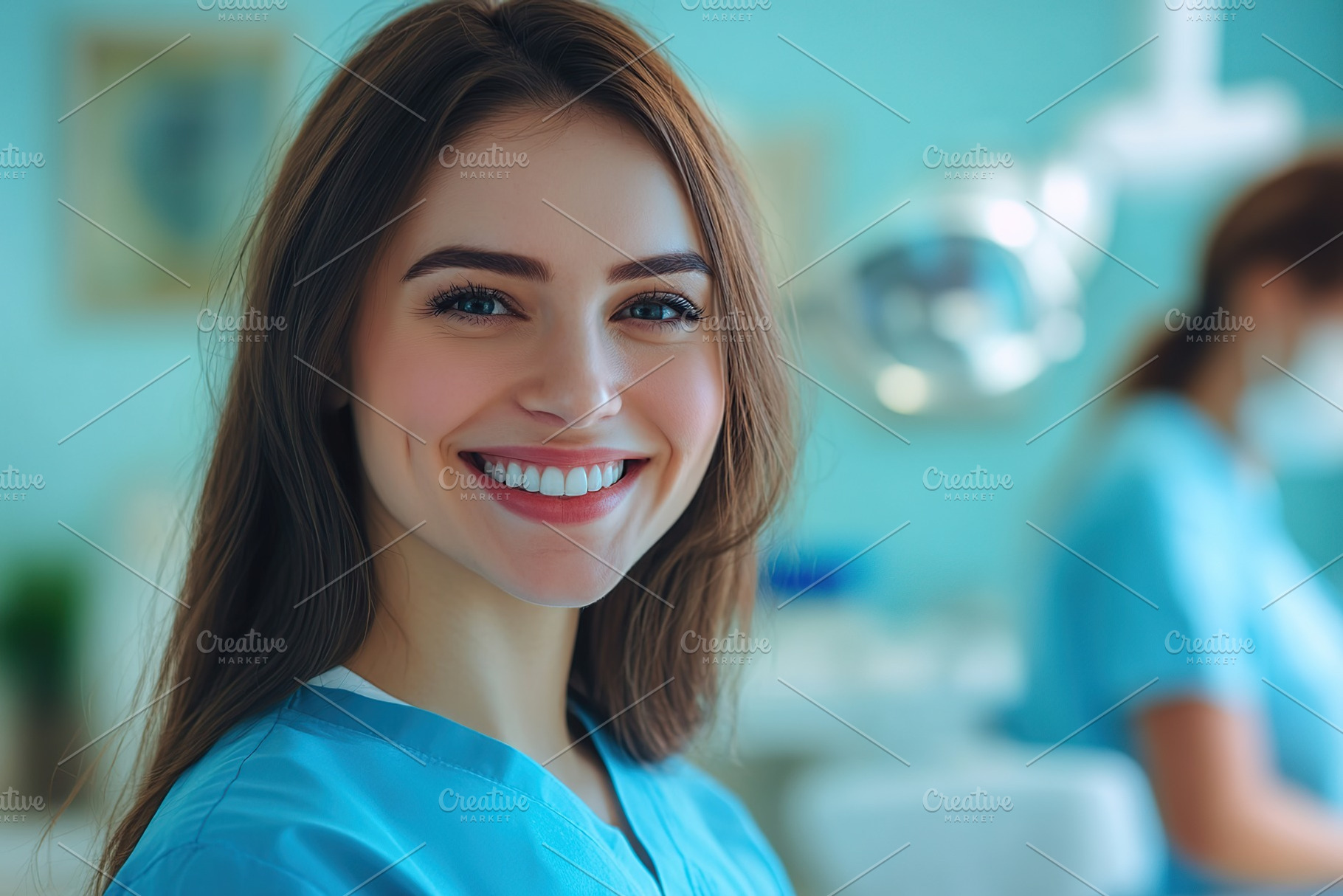 Female dentist smiling joyfully while working in dental clinic with patient in, a Health & Medical Photo by AlyaAnd