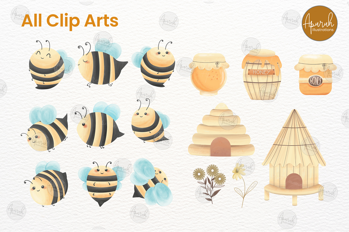 Watercolor Cute Honey Bees Clipart, an Animal Illustration by creationsbyapuruh (Photo 2 of 5)
