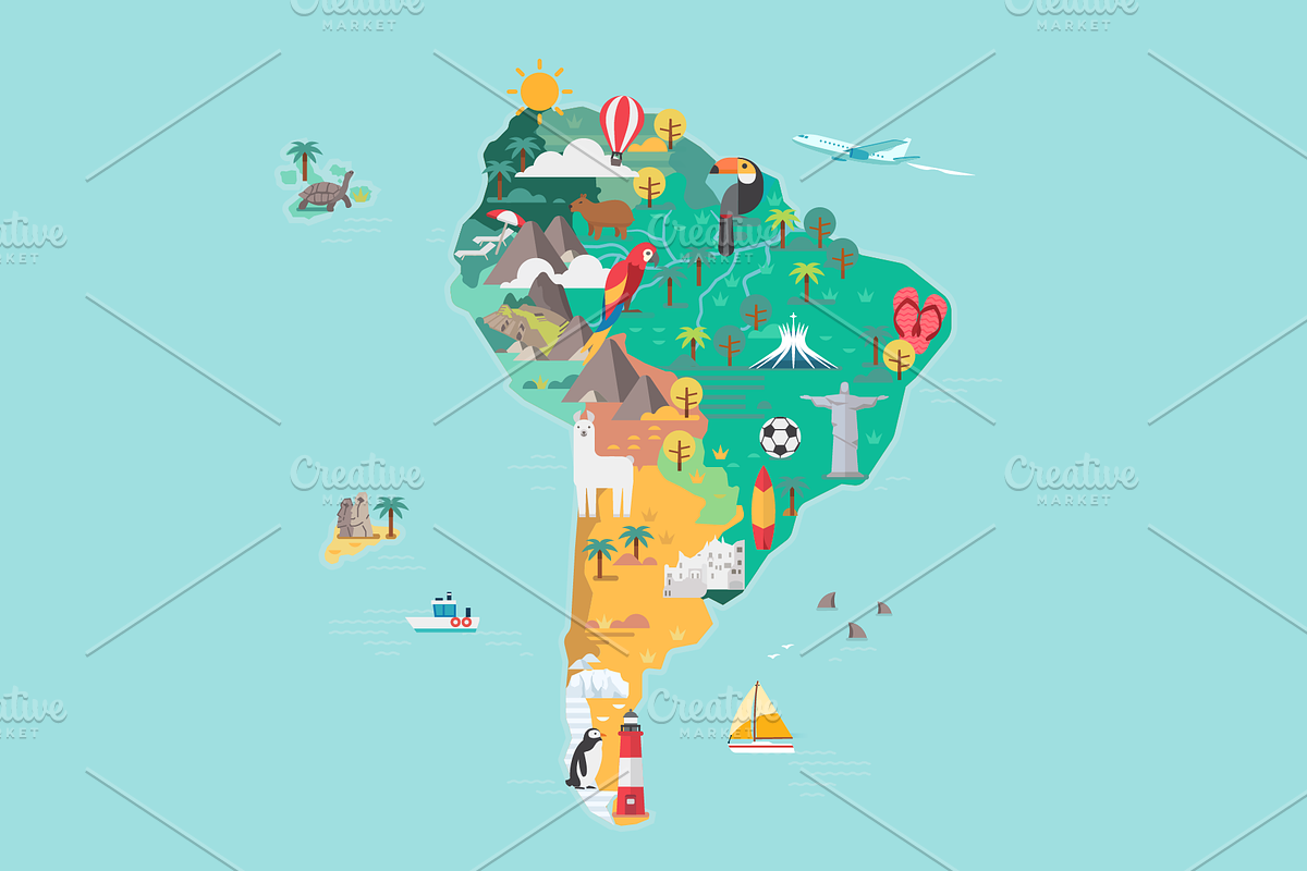 South America tourist map, an Animal Illustration by GlebTagirov
