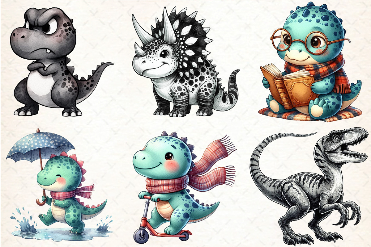 Watercolor Dinosaur Clipart Black an, an Illustration by DreamCafeArt (Photo 4 of 7)