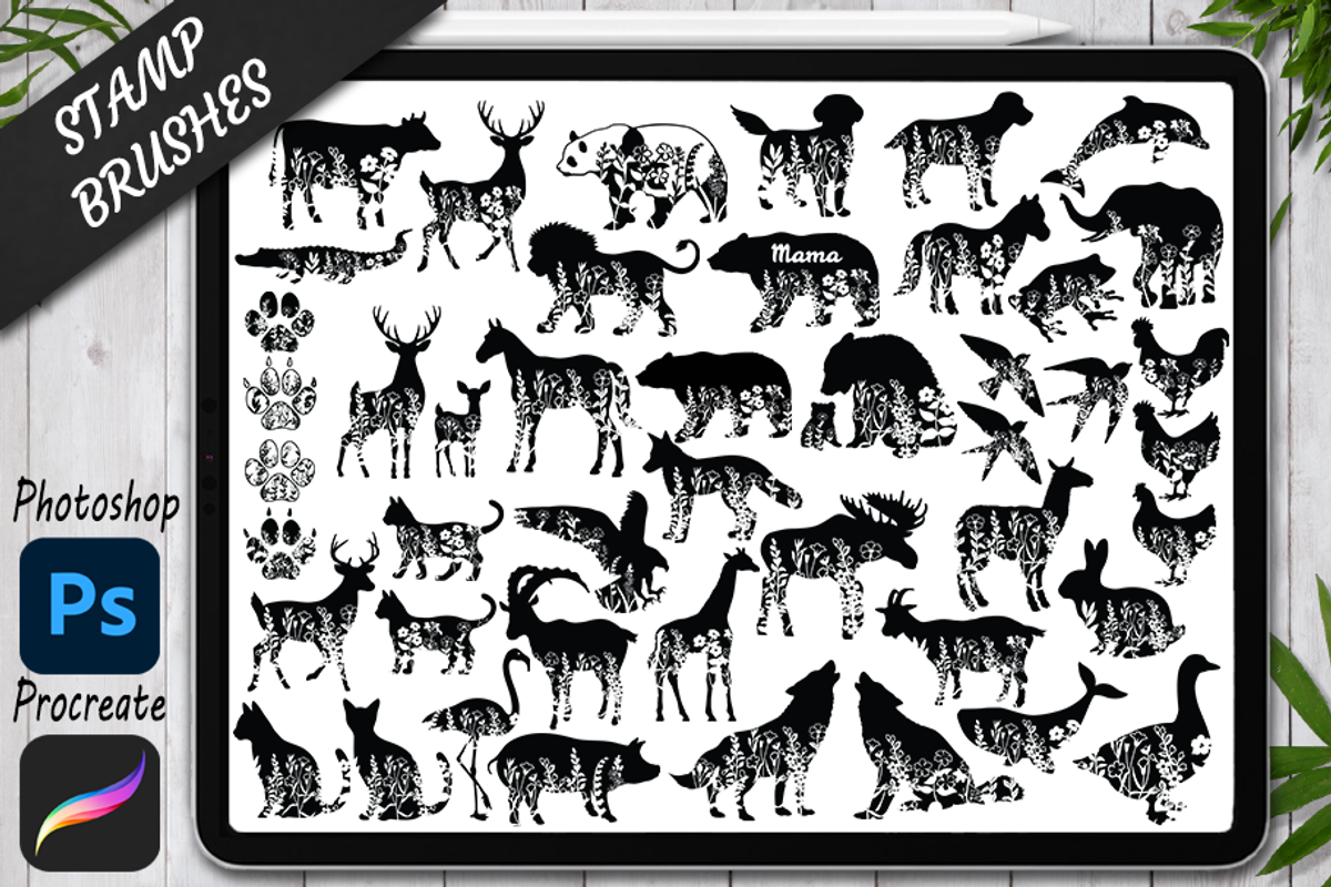 Animals Floral Stamp Brush Procreate, a Brush Add-On by Doodle Cloud Studio