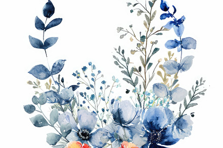 Delicate watercolor wreath with blue, a Photo by SaroStock