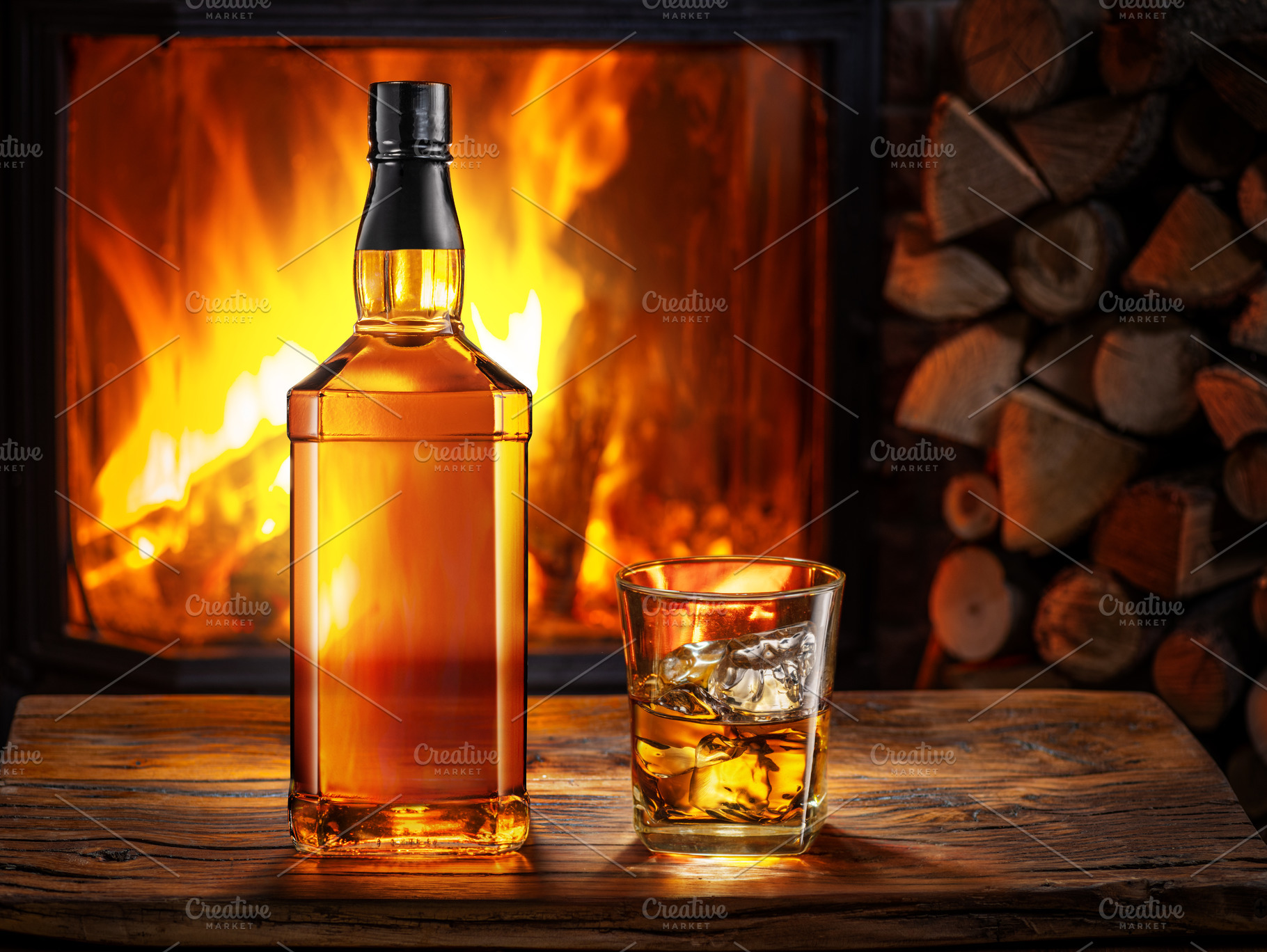 Bottle of whiskey and glass whiskey, a Food & Drink Photo by Volff
