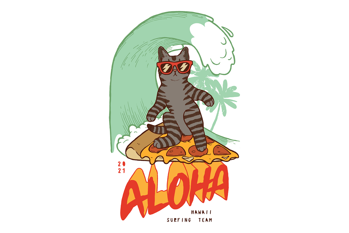 Cat Surfer, a Food Illustration by hand draw