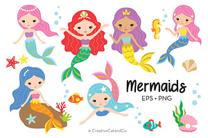 Cute Colorful Mermaid Vector PNG Set, a Person Illustration by CreativeCatandCo