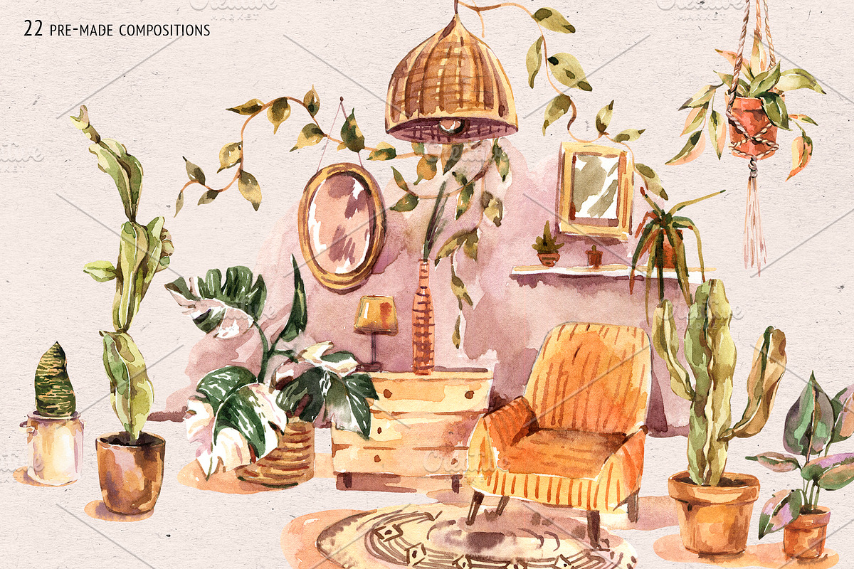 Watercolor Urban Jungle Decor, a Decorative Illustration by Belusuab (Photo 4 of 10)