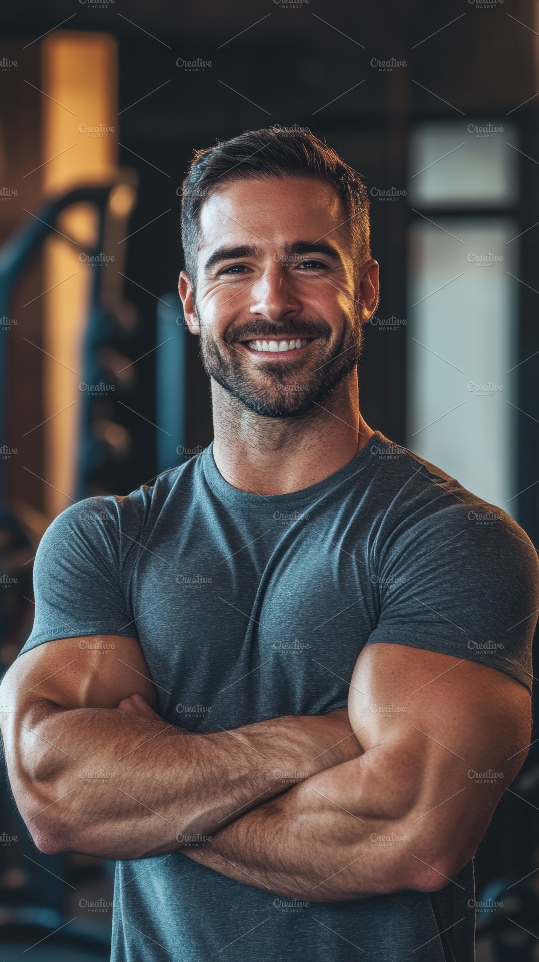 Strong man smiles in modern gym, a Photo by Beautiful things
