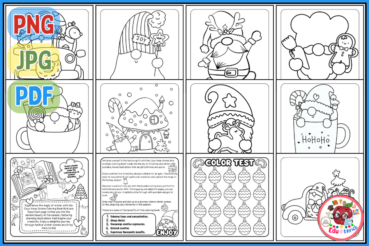 Cozy Christmas Gnomes Coloring Pages, a Seasonal Illustration by EduEnrich (Photo 2 of 3)