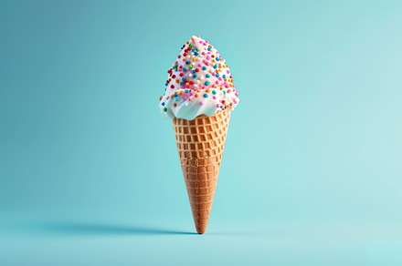 Ice cream with sprinkles in waffle cone on blue background, a Food & Drink Photo by AlyaAnd