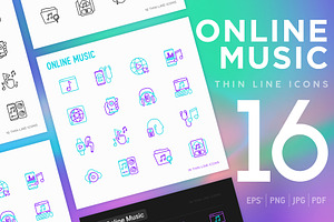Online Music | 16 Thin Line Icons, an Outline Icon by Alex Blogoodf