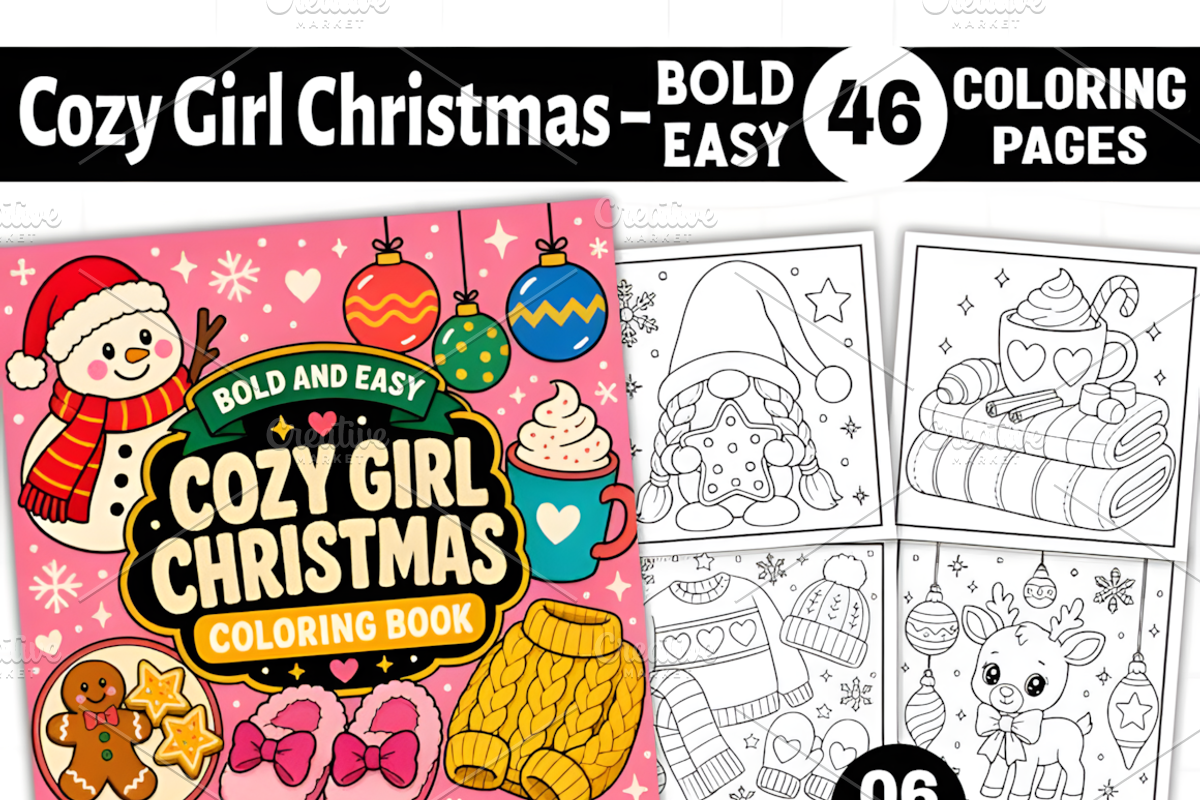 Easy Cozy Girl Christmas Coloring, a Seasonal Illustration by Coco Bloom (Photo 1 of 3)
