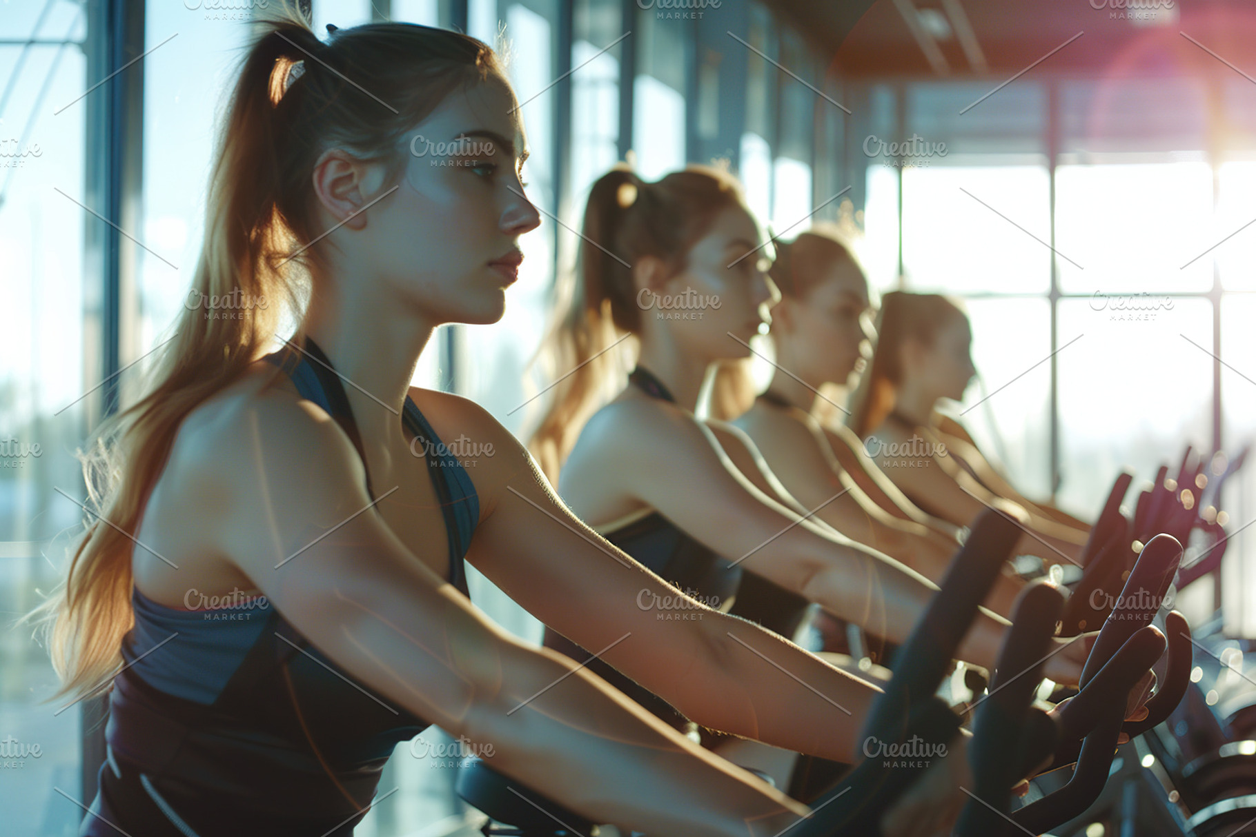 Young women riding spinning bikes in modern fitness club, a Person Photo by AlyaAnd