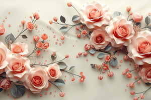 Delicate arrangement of soft pink and coral roses with lush foliage on a smooth, a Business Photo by ImageMir