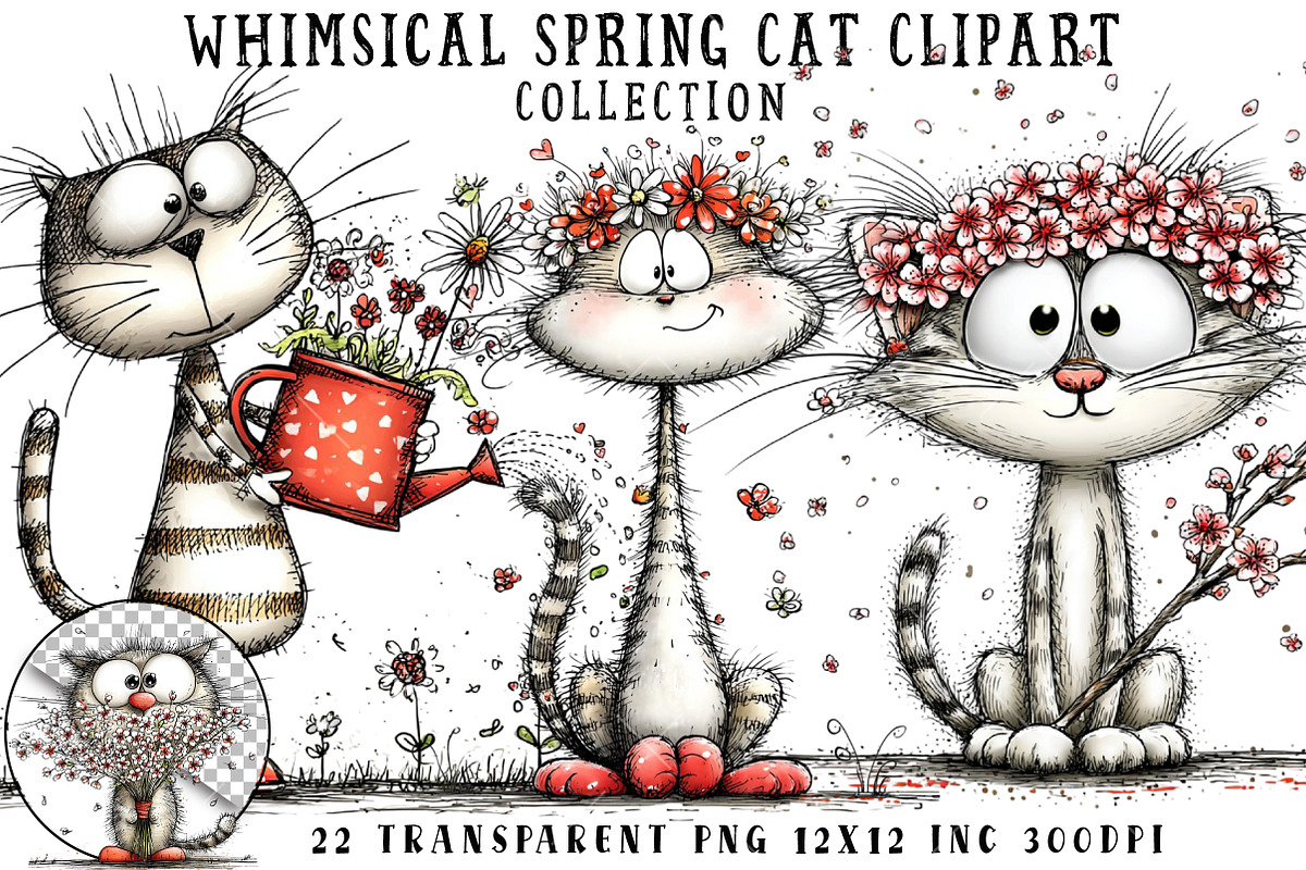 Whimsical Spring Cat Clipart, an Illustration by OK Design (Photo 1 of 6)