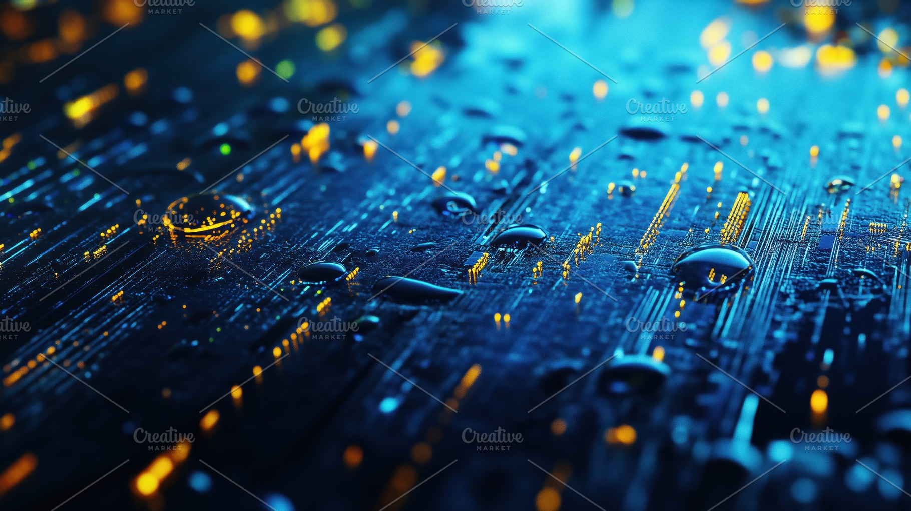 Close-up of a wet surface with droplets, illuminated by blue and yellow lights,, an Industrial Photo by Textures & Backgrounds