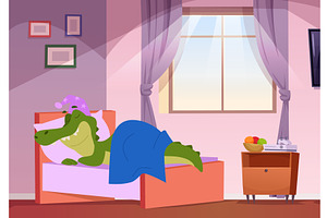 Crocodile in bed. sleeping character, an Animal Illustration by Onyx