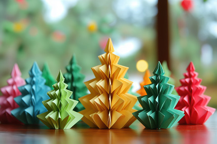 Colorful origami trees in various sizes and colors, arranged on a wooden surfac, an Arts & Entertainment Photo by Textures & Backgrounds