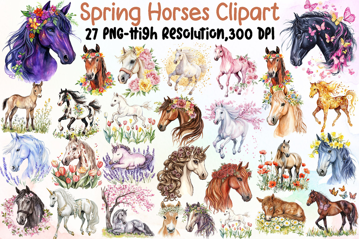 Watercolor Spring Horses Clipart, an Illustration by Sublimation Artist (Photo 1 of 6)