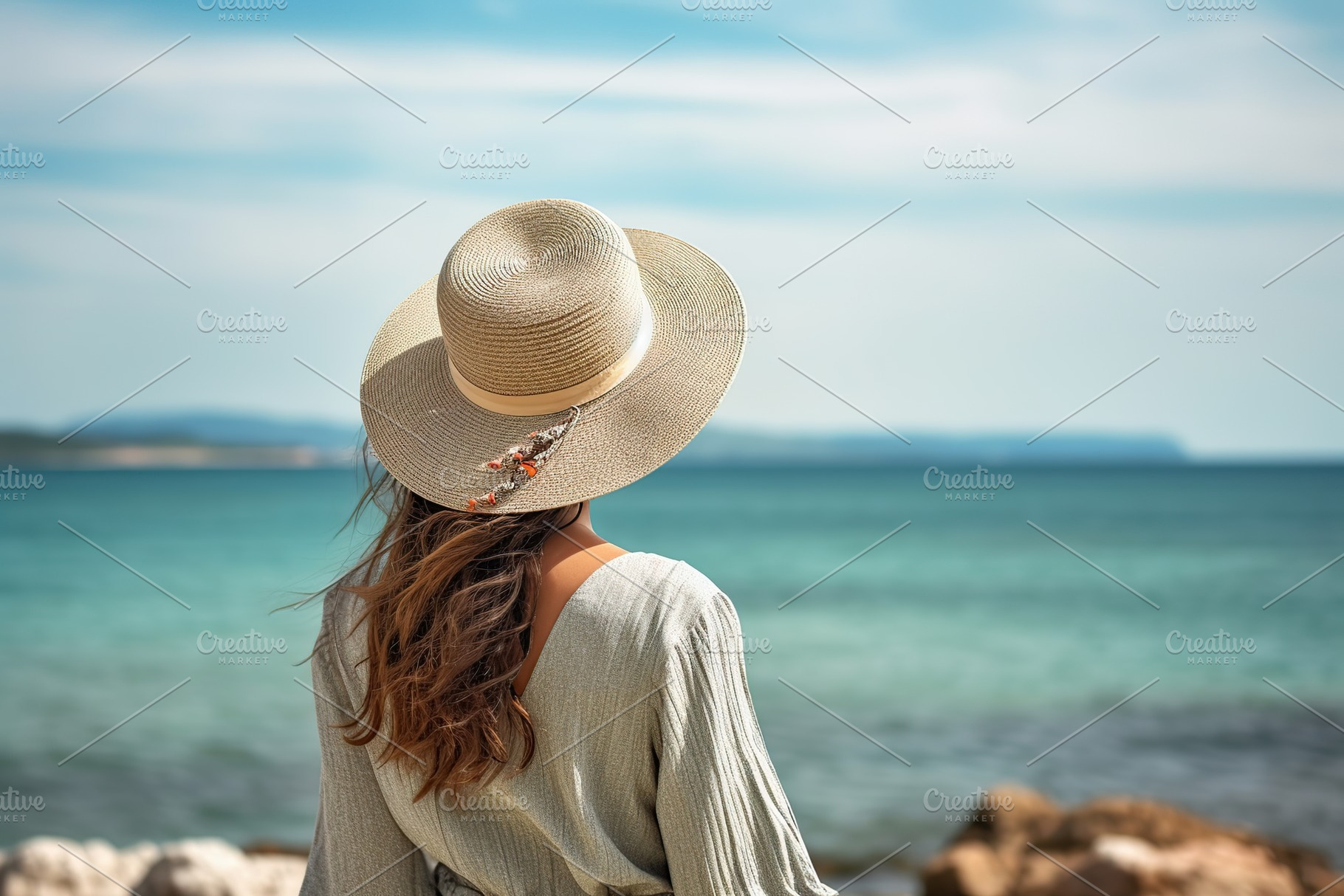 Woman in summer hat looking at the sea. Happy freedom lifestyle. Generative AI, a Person Photo by AlyaAnd