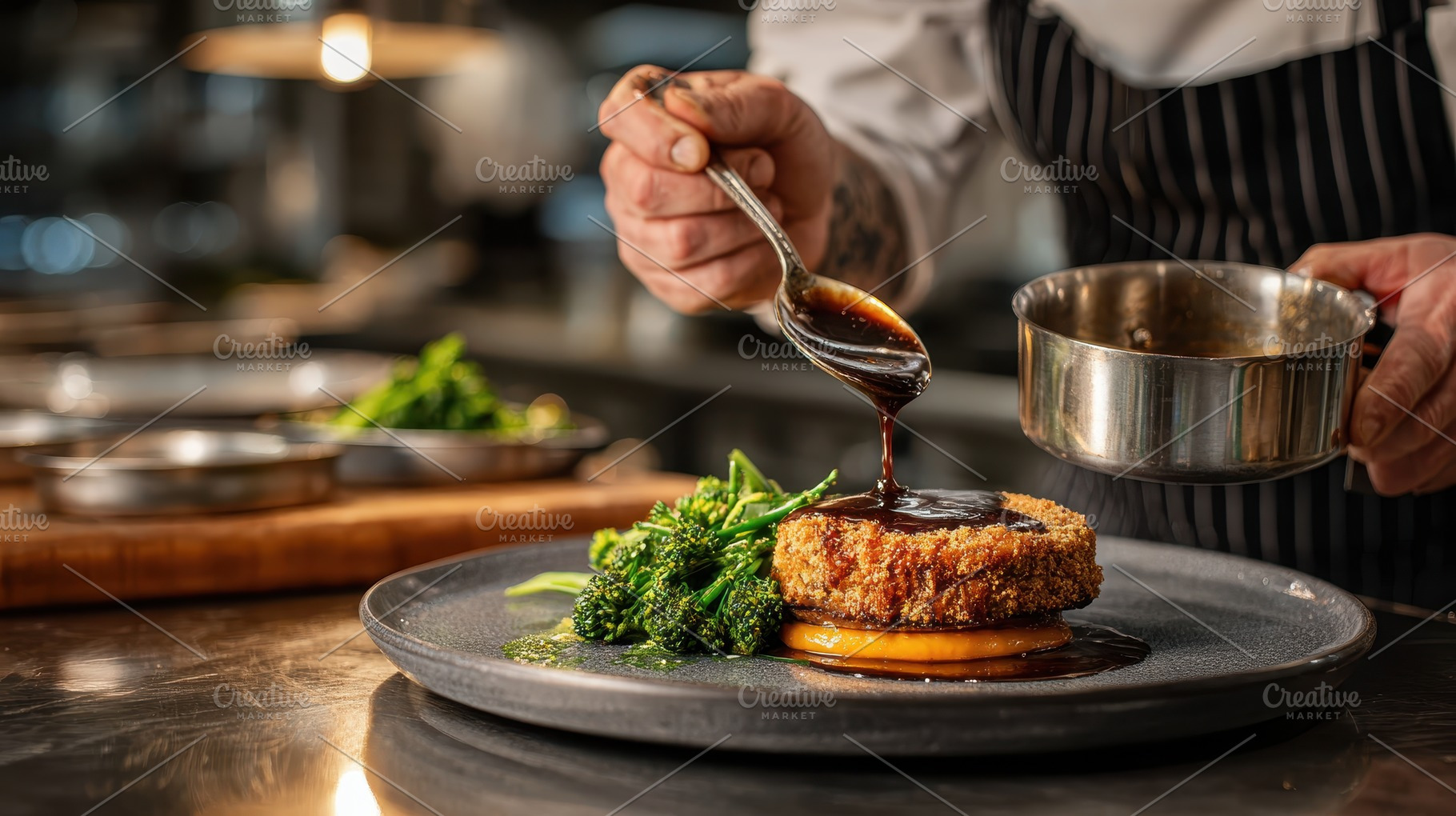 Chef plating gourmet dish dark sauce, a Photo by Pixeness Studio