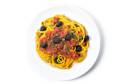 Italian Pasta puttanesca with tomato sauce, capers, and black olives., a Food & Drink Photo by etorres69