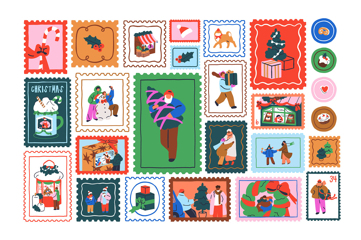 Christmas stamps, post marks set, a Seasonal Illustration by Good Studio (Photo 1 of 6)