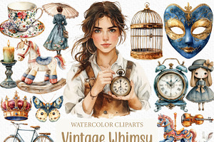 Watercolor Vintage Whimsy Clipart, an Illustration by Craft Nest