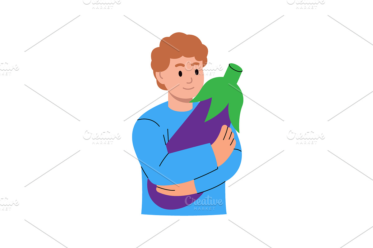 Boy holding a purple eggplant in, a Food Illustration by GraphiShop