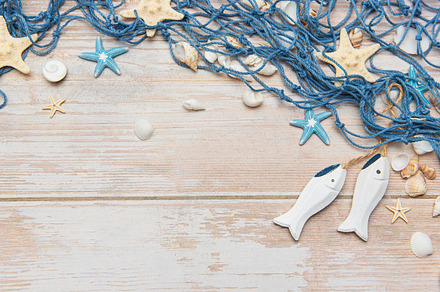 Decorative wooden fish, seashells, starfishes and fishing net cr