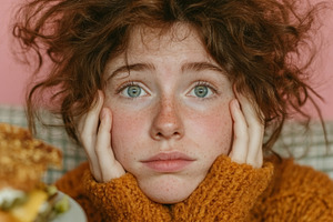Young woman in sweater expressing thoughtful emotions against a pink background, a Photo by AS photostudio