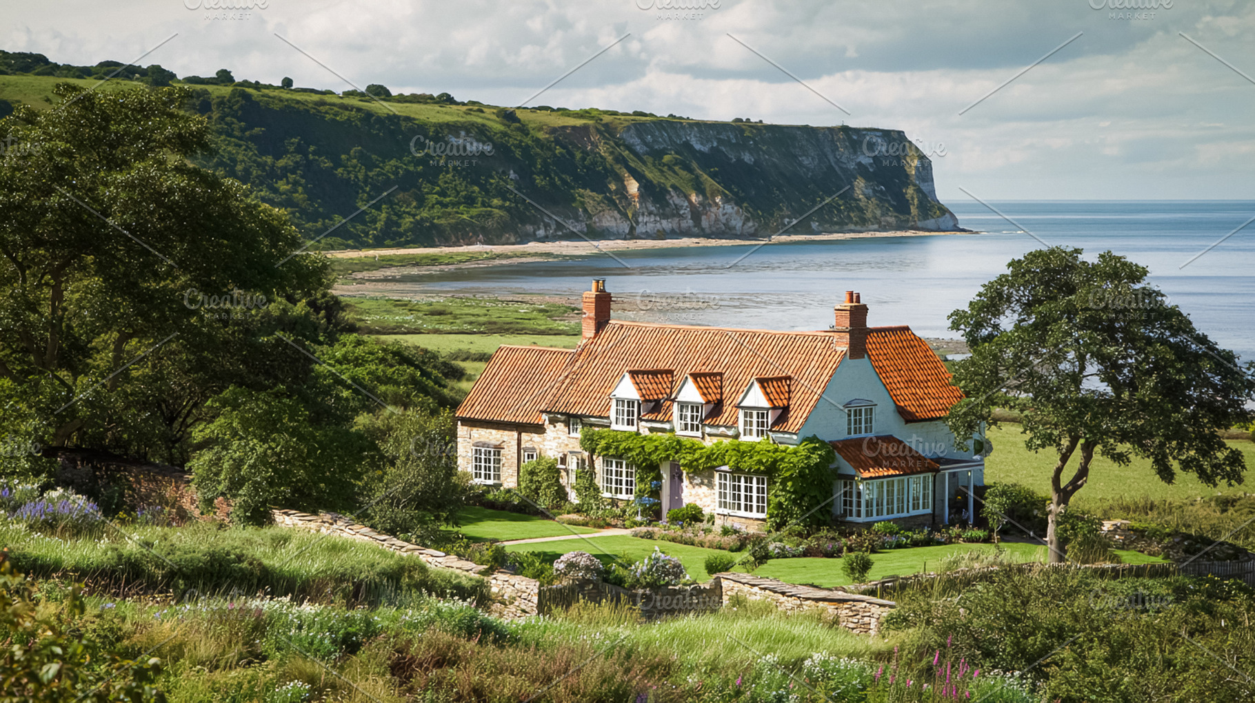 English cottage overlooking the sea and white cliffs on a sunny, a Photo by Studio ANNA