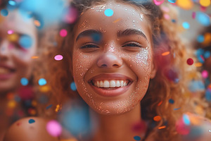 A joyful young woman with curly hair smiles brightly, surrounded by colorful co, a Business Photo by ImageMir