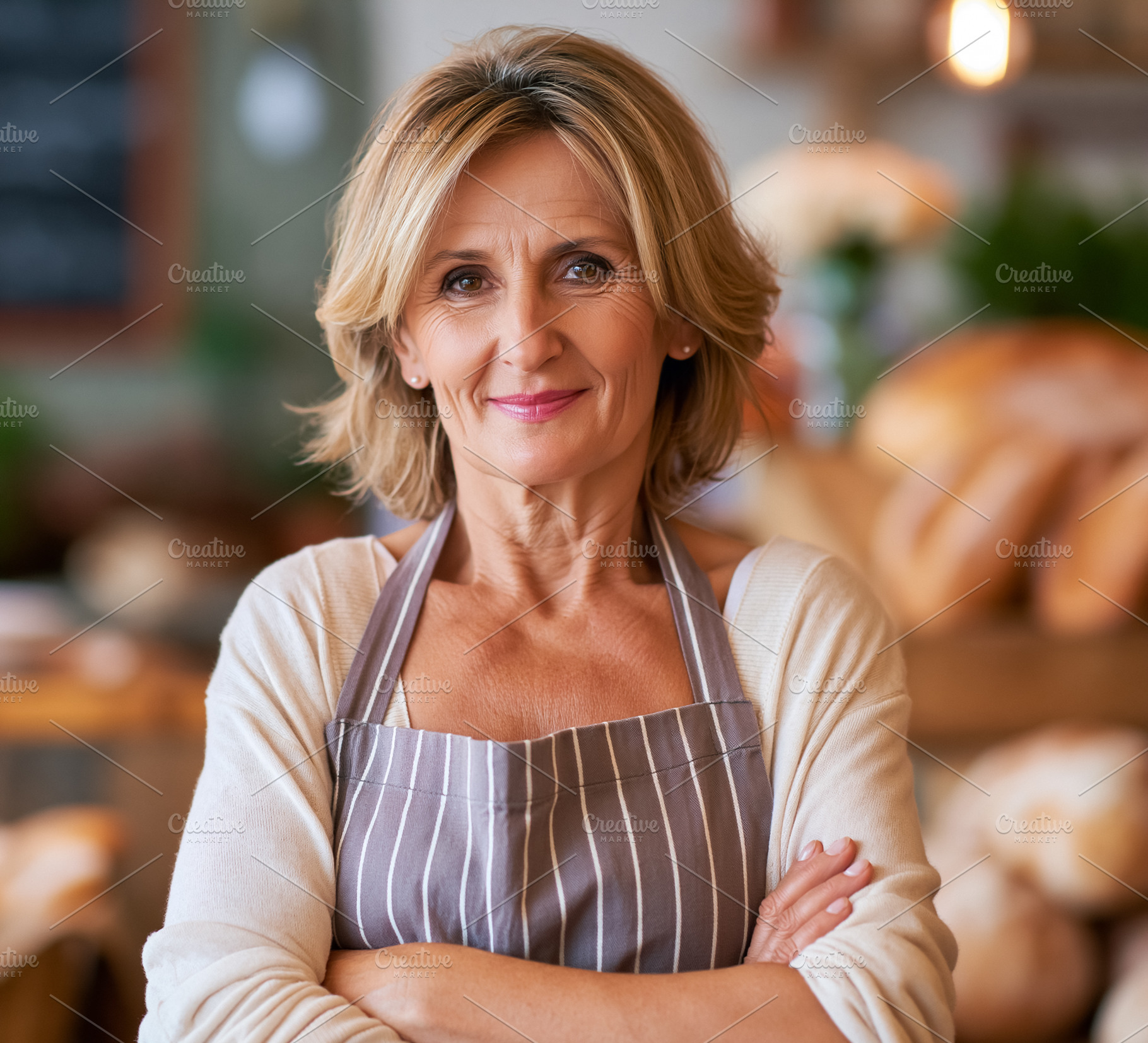 Mature woman baker entrepreneur standing in busy bakery, smiling, a Person Photo by Studio ANNA