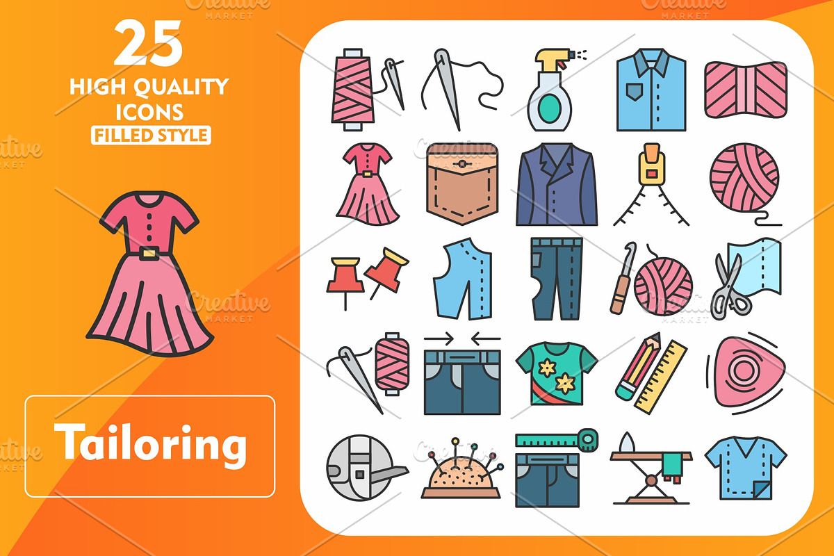 25 Tailoring Line Filled Icons, an Icon by Pexelpy