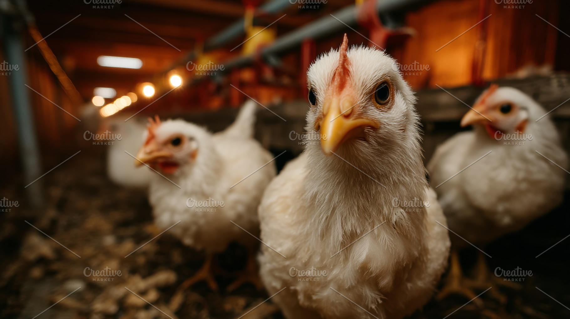 Group of chickens in a poultry farm under warm lighting conditions, a Photo by AS photostudio