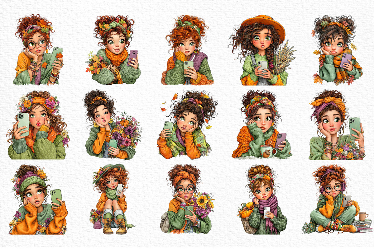 Cozy Autumn Selfie Girls Clipart, a Seasonal Illustration by Craft Nest (Photo 6 of 12)