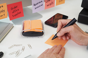 closeup of a man writing a note in an office desk, a Photo by Nito
