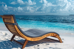 Chaise lounge on beach sand with blue sea, a Photo by AlyaAnd