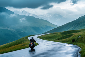Motorcyclist Rides Winding Mountain, a Photo by Pixeness Studio