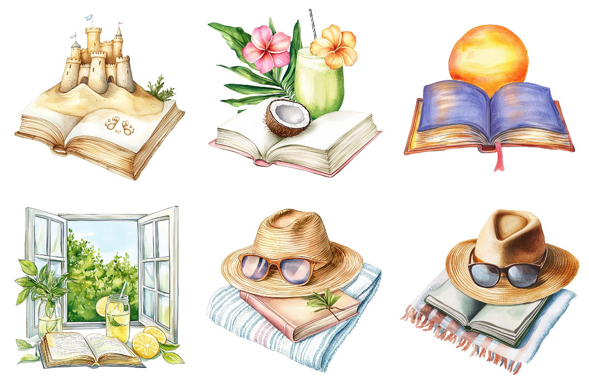 Summer Reading Watercolor Clipart, a Seasonal Illustration by DreamArtGraphic (Photo 3 of 4)