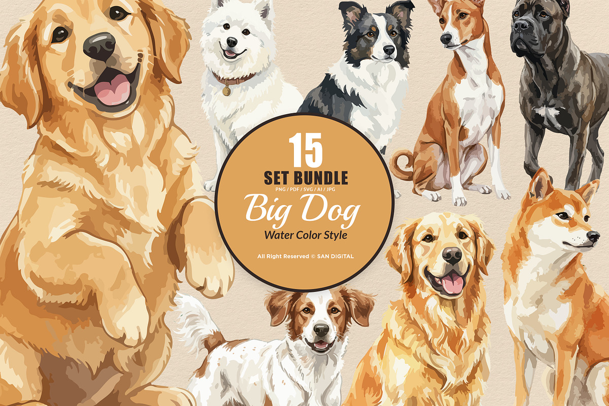 15 Bundle Watercolor Big Dog Fluffy, an Animal Illustration by Morspective (Photo 1 of 8)