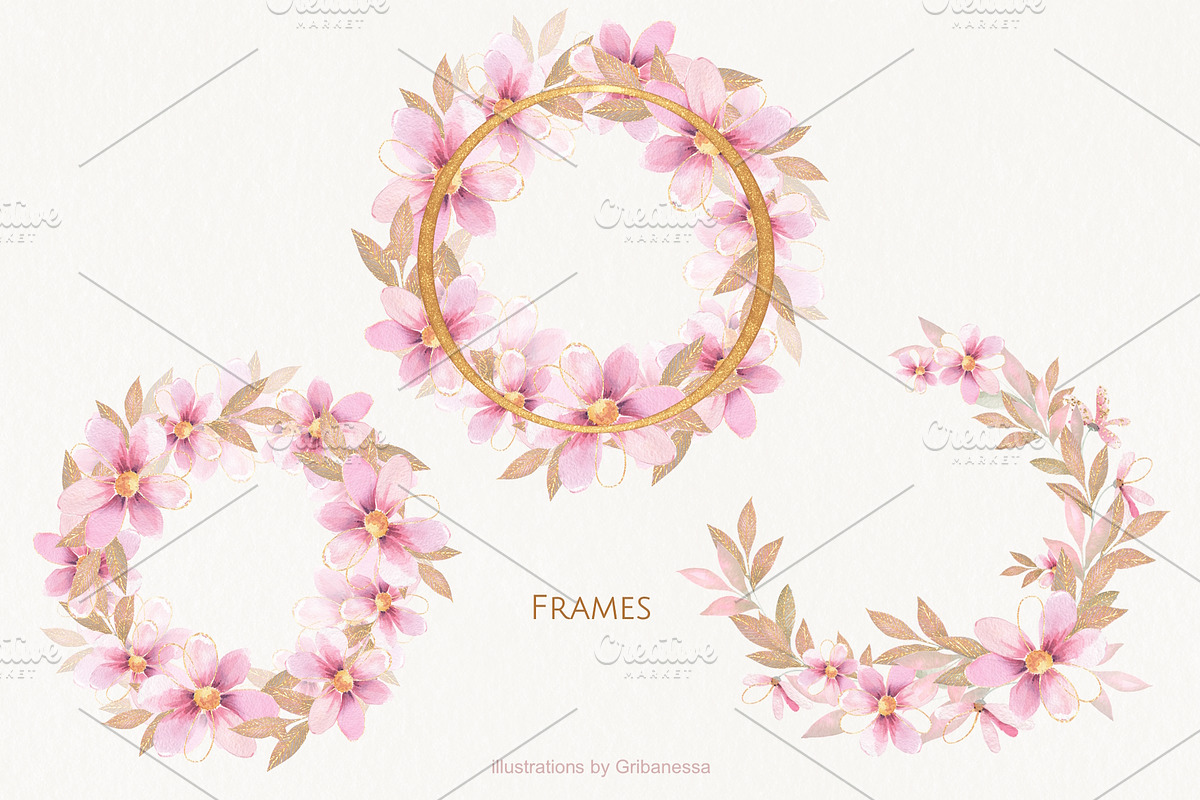 Pink Watercolor Flowers & Gold, a Decorative Illustration by Gribanessa (Photo 9 of 13)
