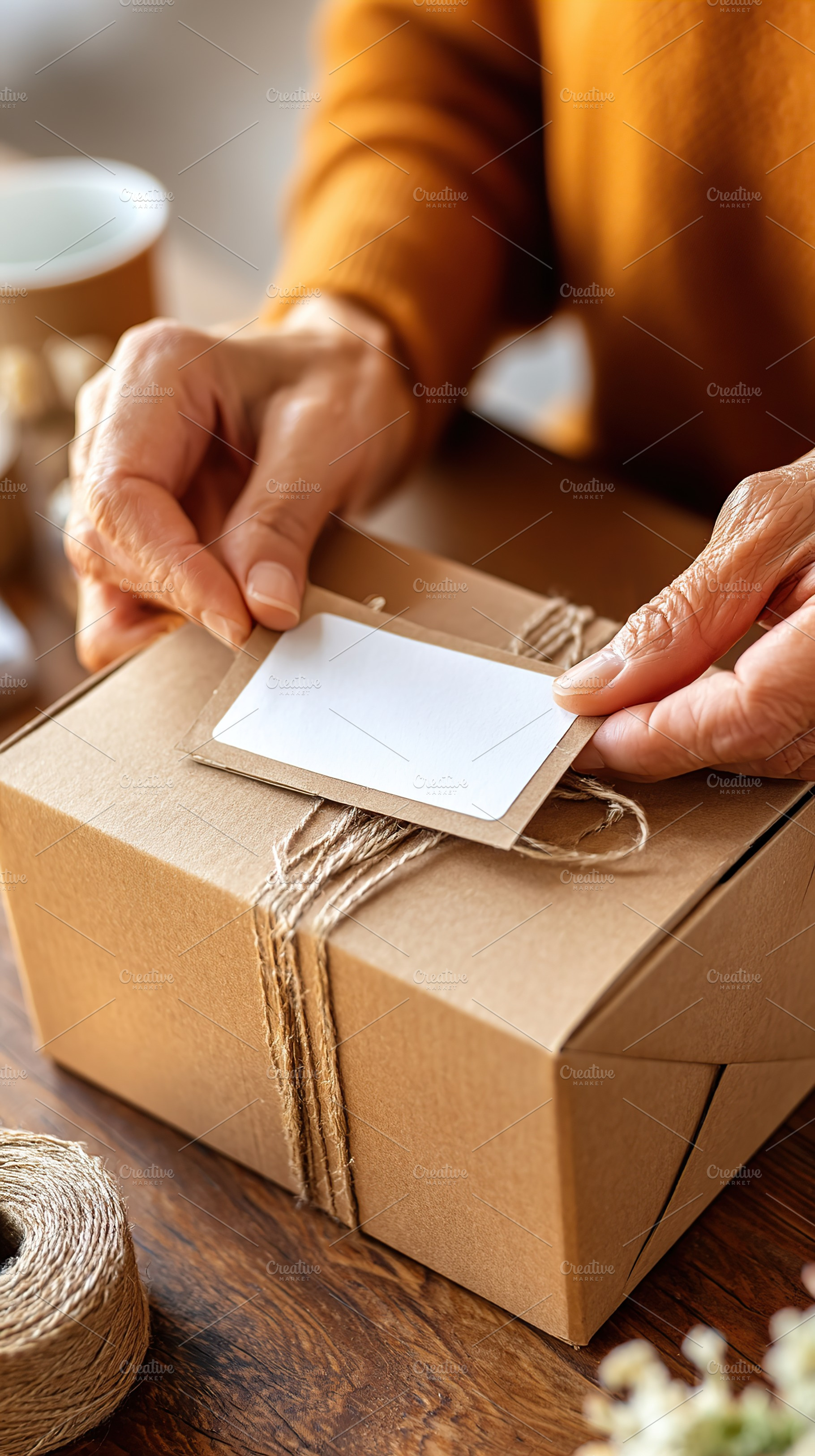 Hands wrapping a gift box with twine and tag for a special occasion, a Photo by AlyaAnd
