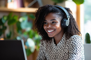 Woman in headset smiling, a Photo by Pavel_design