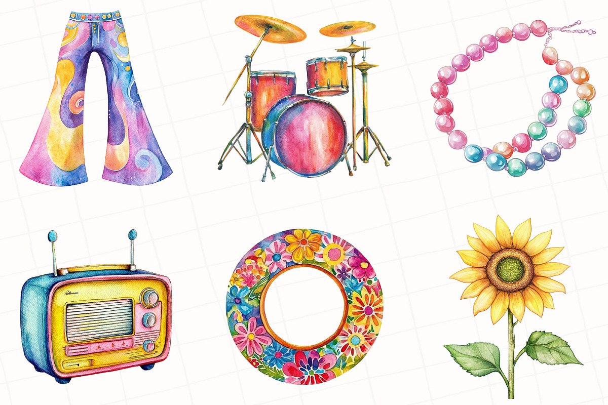Kawaii 60s Groovy Watercolor Clipart, an Illustration by OK Design (Photo 5 of 5)